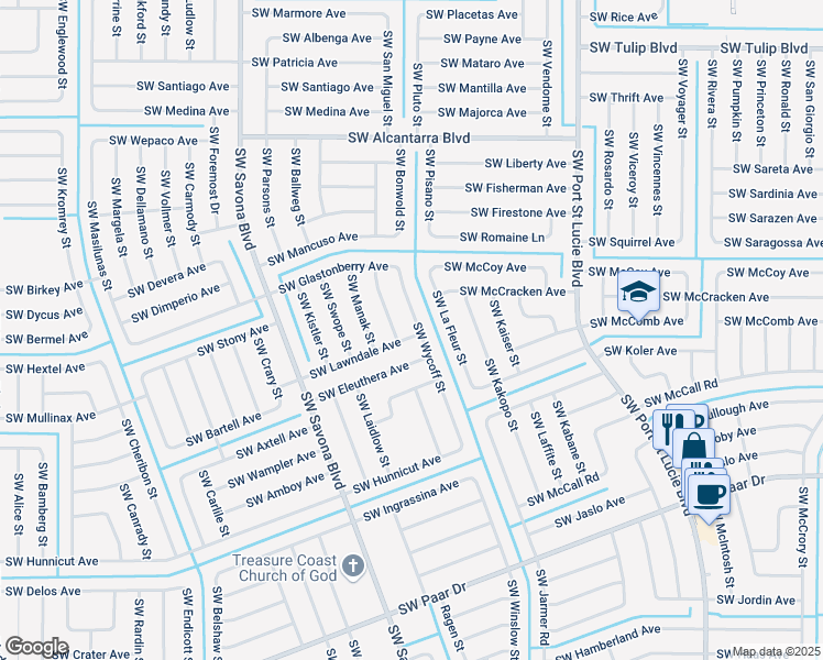 map of restaurants, bars, coffee shops, grocery stores, and more near 3792 Southwest Wycoff Street in Port St. Lucie