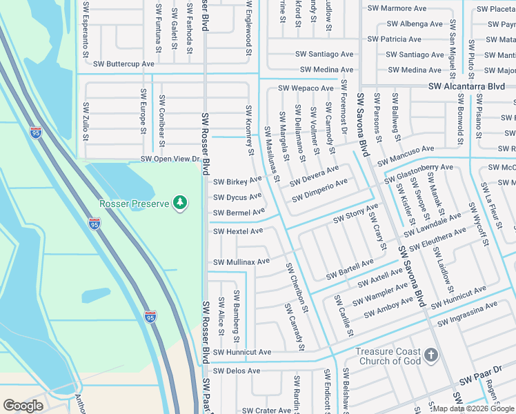 map of restaurants, bars, coffee shops, grocery stores, and more near 1525 Southwest Bermel Avenue in Port St. Lucie