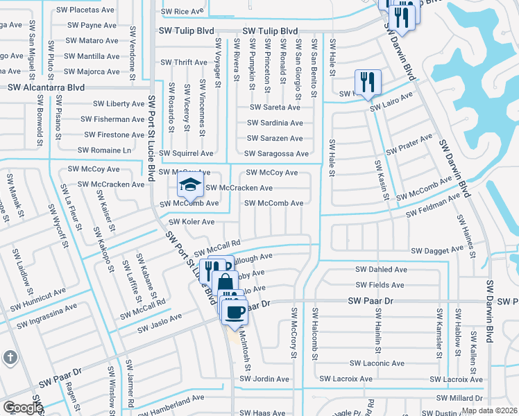 map of restaurants, bars, coffee shops, grocery stores, and more near 3801 Southwest Kocerik Street in Port St. Lucie