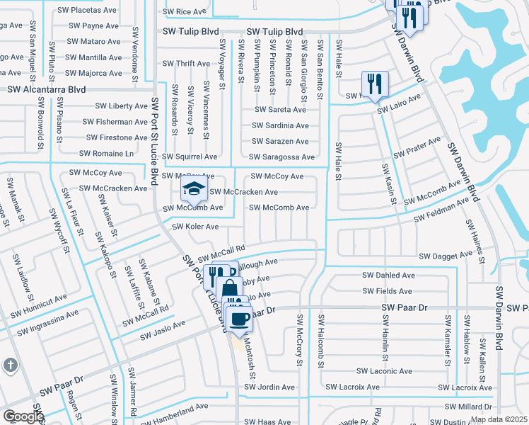 map of restaurants, bars, coffee shops, grocery stores, and more near 3801 Southwest Kocerik Street in Port St. Lucie