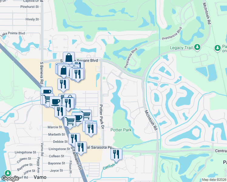 map of restaurants, bars, coffee shops, grocery stores, and more near 18 Crockers Lake Boulevard in Sarasota