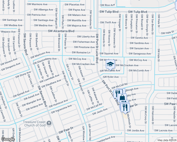 map of restaurants, bars, coffee shops, grocery stores, and more near 971 Southwest McComb Avenue in Port St. Lucie