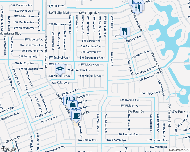 map of restaurants, bars, coffee shops, grocery stores, and more near 660 Southwest McComb Avenue in Port St. Lucie