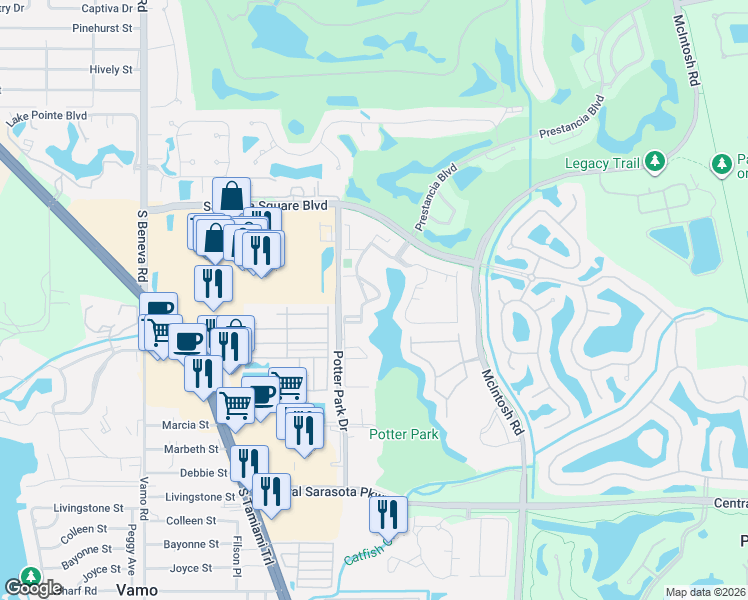 map of restaurants, bars, coffee shops, grocery stores, and more near 18 Crockers Lake Boulevard in Sarasota