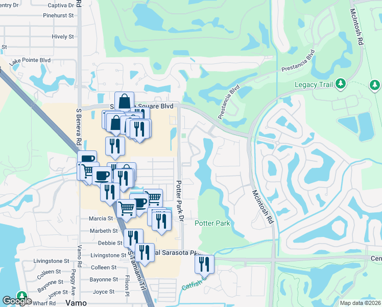 map of restaurants, bars, coffee shops, grocery stores, and more near 18 Crockers Lake Boulevard in Sarasota