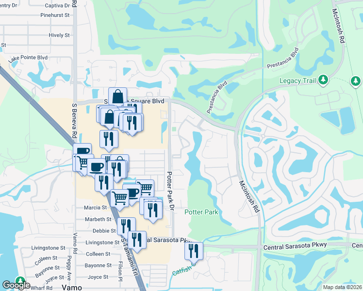 map of restaurants, bars, coffee shops, grocery stores, and more near 18 Crockers Lake Boulevard in Sarasota