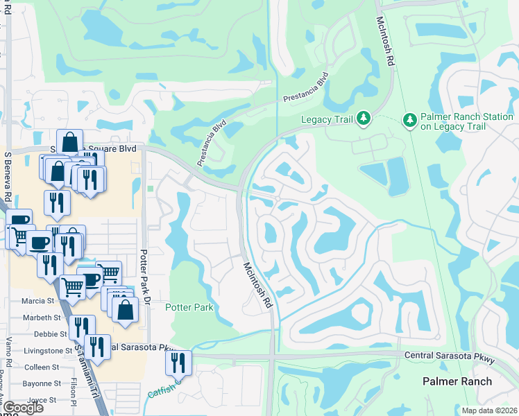 map of restaurants, bars, coffee shops, grocery stores, and more near 4353 Indian Point Trail in Sarasota