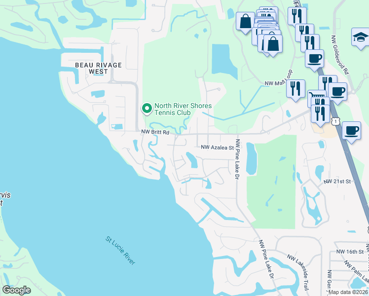 map of restaurants, bars, coffee shops, grocery stores, and more near 2134 Northwest Tilia Trail in Stuart