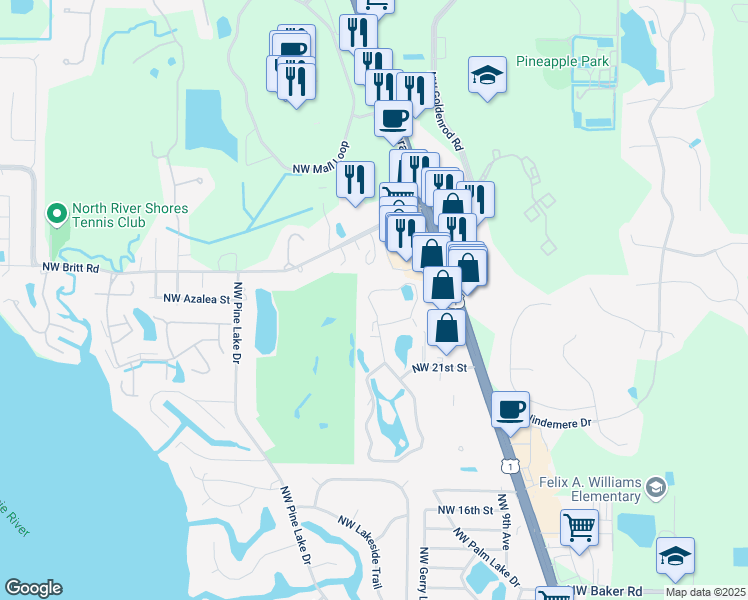 map of restaurants, bars, coffee shops, grocery stores, and more near 2301-2399 Britt Court in Stuart