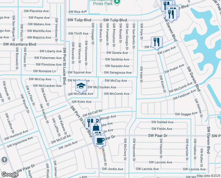 map of restaurants, bars, coffee shops, grocery stores, and more near 725 Southwest McCracken Avenue in Port St. Lucie