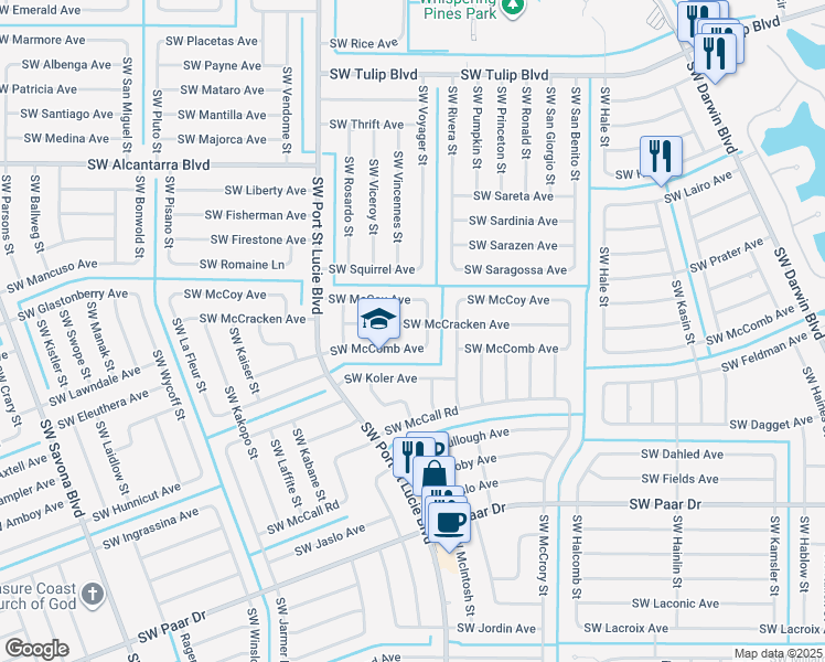 map of restaurants, bars, coffee shops, grocery stores, and more near 810 Southwest McCracken Avenue in Port St. Lucie