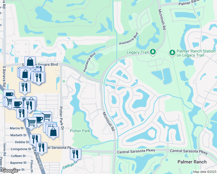 map of restaurants, bars, coffee shops, grocery stores, and more near 4353 Indian Point Trail in Sarasota