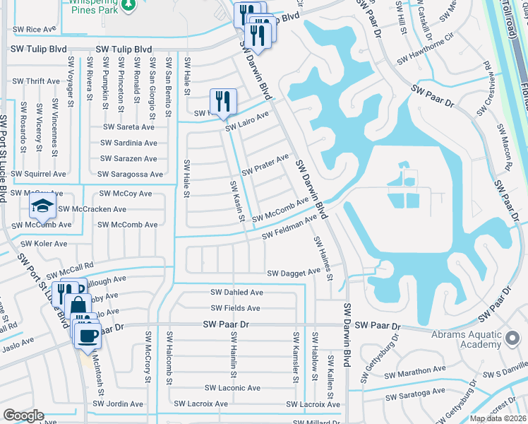 map of restaurants, bars, coffee shops, grocery stores, and more near 425 Southwest McComb Avenue in Port St. Lucie