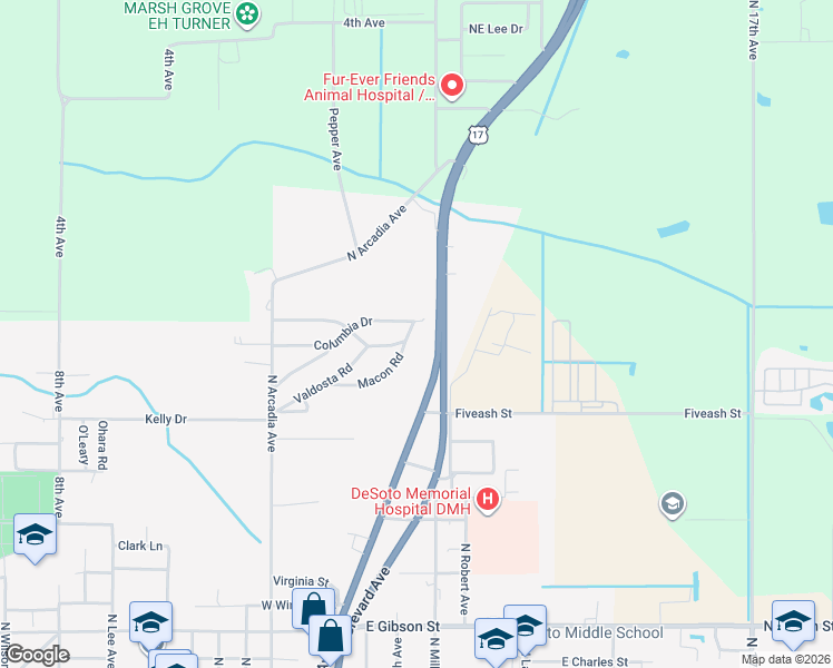 map of restaurants, bars, coffee shops, grocery stores, and more near 211 Macon Road in Arcadia