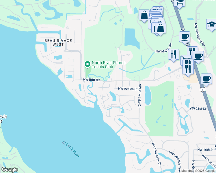 map of restaurants, bars, coffee shops, grocery stores, and more near 2134 Northwest Tilia Trail in Stuart