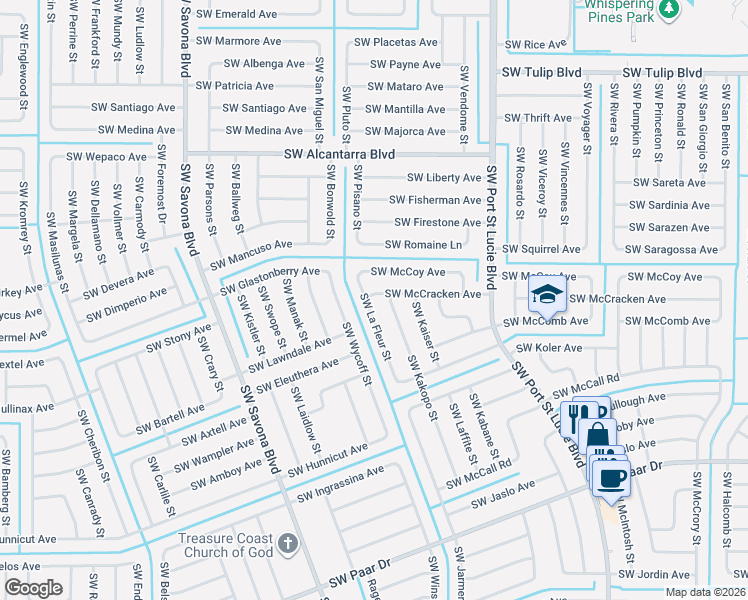 map of restaurants, bars, coffee shops, grocery stores, and more near 1086 Southwest McCracken Avenue in Port St. Lucie