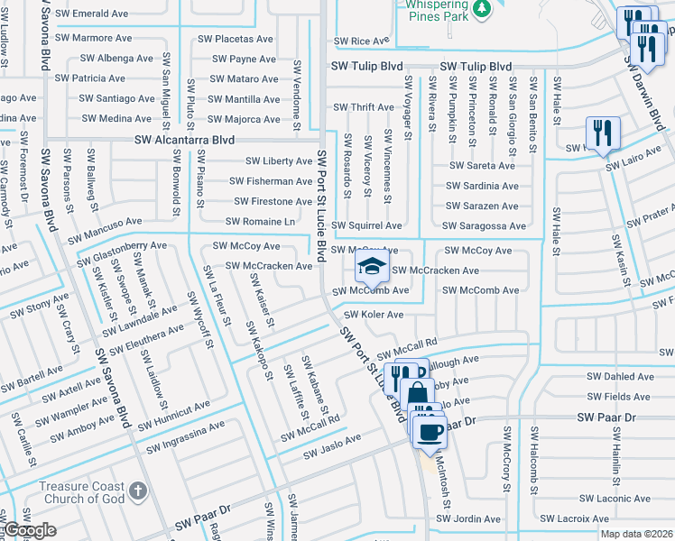 map of restaurants, bars, coffee shops, grocery stores, and more near 3730 Southwest Jamros Street in Port St. Lucie