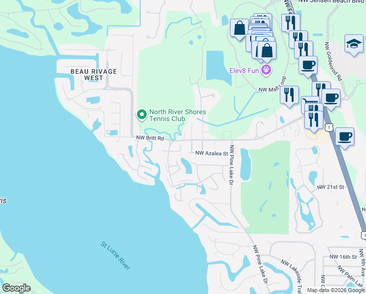 map of restaurants, bars, coffee shops, grocery stores, and more near 2134 Northwest Tilia Trail in Stuart