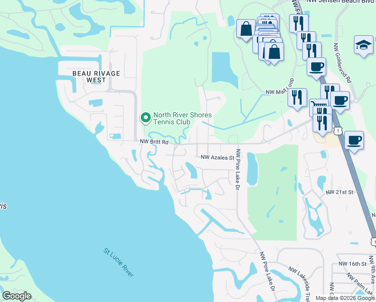 map of restaurants, bars, coffee shops, grocery stores, and more near 2134 Northwest Tilia Trail in Stuart