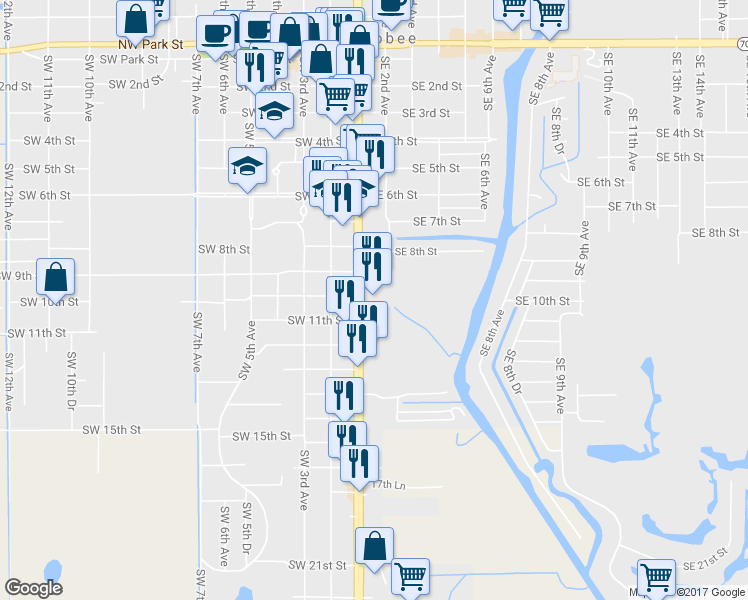 map of restaurants, bars, coffee shops, grocery stores, and more near 1001 South Parrott Avenue in Okeechobee