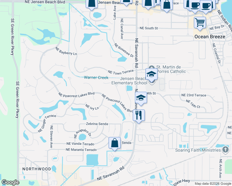 map of restaurants, bars, coffee shops, grocery stores, and more near 3094 Northeast Loquat Lane in Jensen Beach