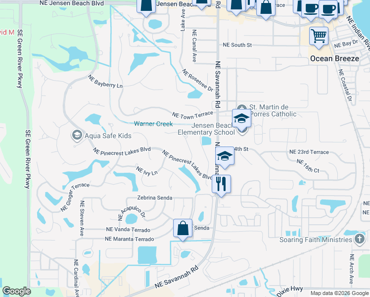 map of restaurants, bars, coffee shops, grocery stores, and more near 3094 Northeast Loquat Lane in Jensen Beach