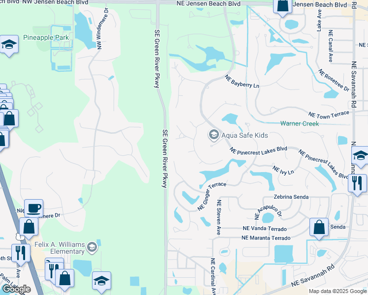 map of restaurants, bars, coffee shops, grocery stores, and more near 193 Northeast Flax Terrace in Jensen Beach