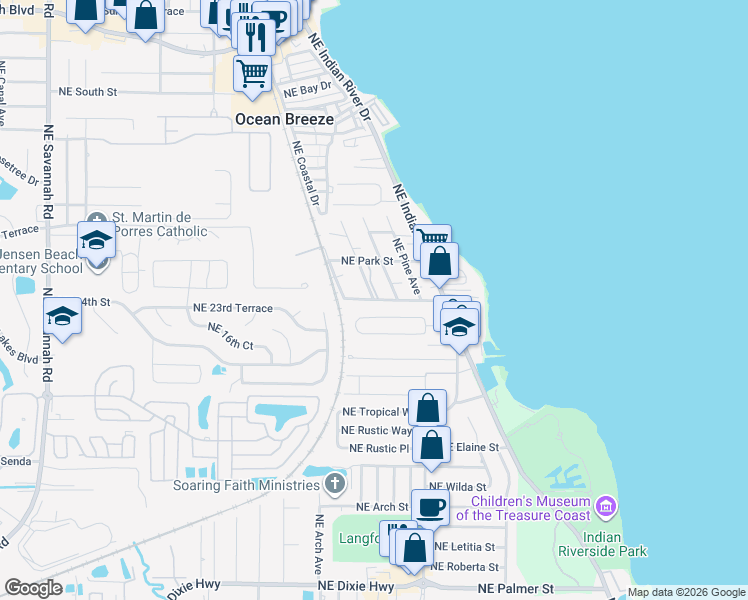 map of restaurants, bars, coffee shops, grocery stores, and more near NE Sunny Acres Way & NE Palm Ave in Jensen Beach