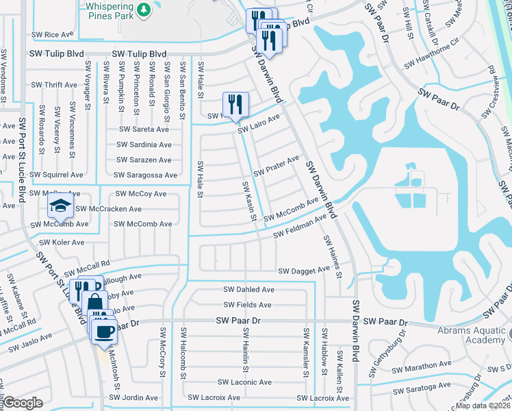 map of restaurants, bars, coffee shops, grocery stores, and more near 3749 Southwest Kasin Street in Port St. Lucie