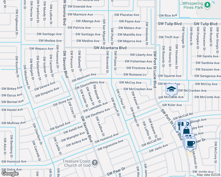 map of restaurants, bars, coffee shops, grocery stores, and more near 3733 Southwest Wycoff Street in Port St. Lucie
