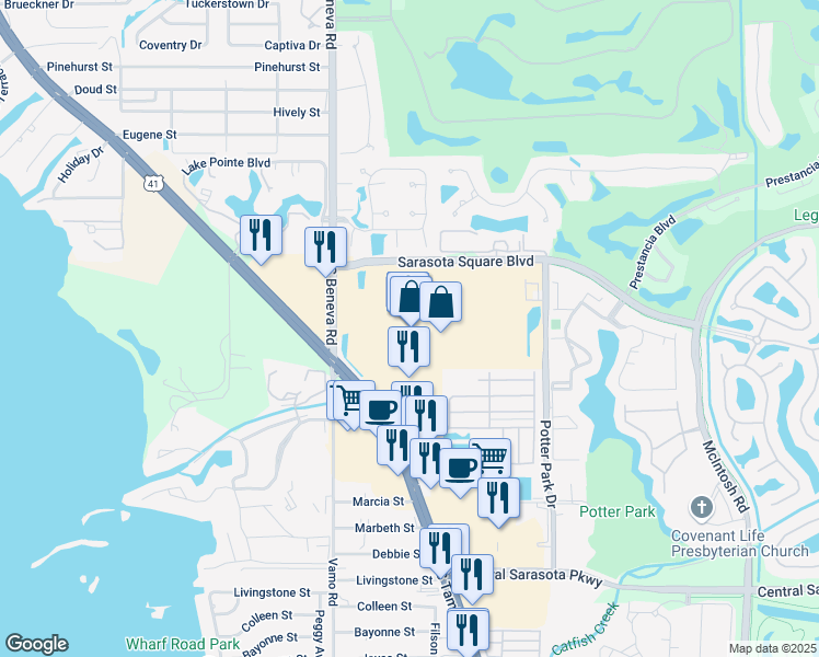 map of restaurants, bars, coffee shops, grocery stores, and more near 8201 South Tamiami Trail in Sarasota