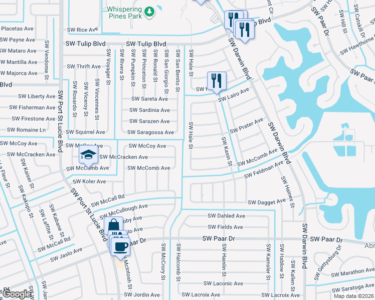 map of restaurants, bars, coffee shops, grocery stores, and more near 599 Southwest Sadwick Avenue in Port St. Lucie