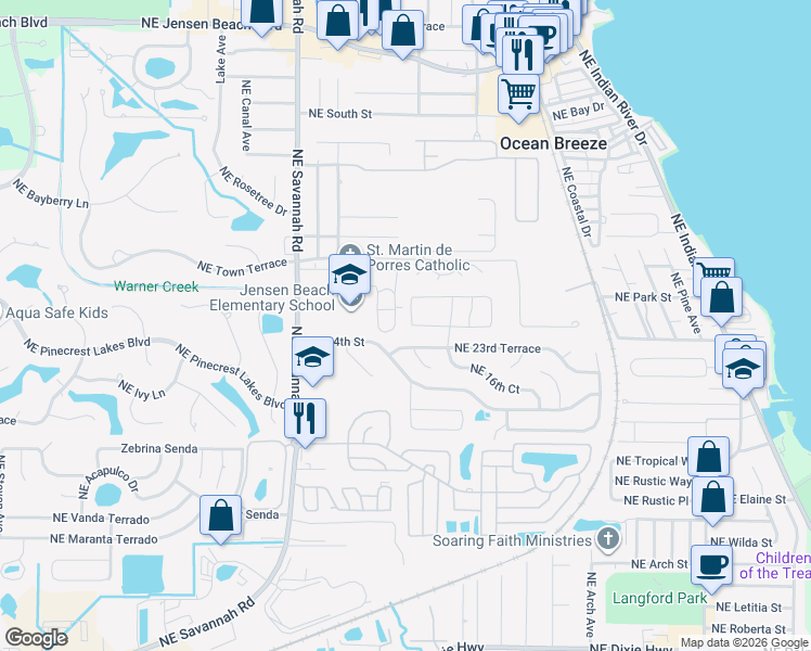 map of restaurants, bars, coffee shops, grocery stores, and more near 2442 Northeast 15th Lane in Jensen Beach
