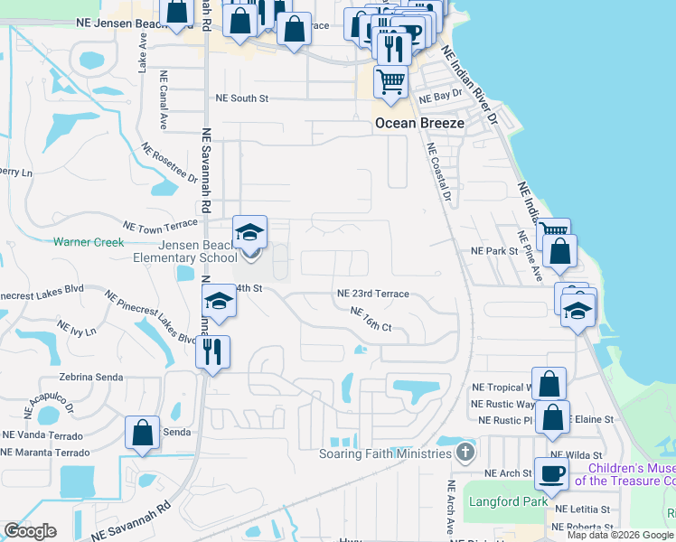 map of restaurants, bars, coffee shops, grocery stores, and more near 1629 Northeast 23rd Terrace in Jensen Beach