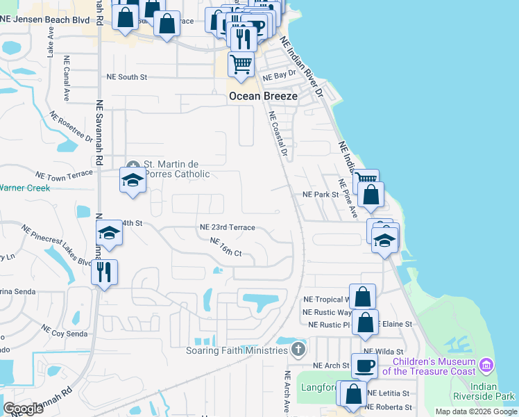 map of restaurants, bars, coffee shops, grocery stores, and more near 1949 Northeast 23rd Terrace in Jensen Beach