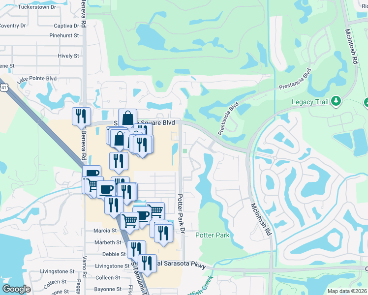 map of restaurants, bars, coffee shops, grocery stores, and more near 4036 Crockers Lake Boulevard in Sarasota