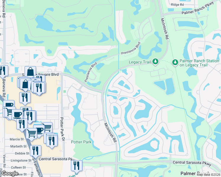 map of restaurants, bars, coffee shops, grocery stores, and more near 4612 Deer Trail Boulevard in Sarasota