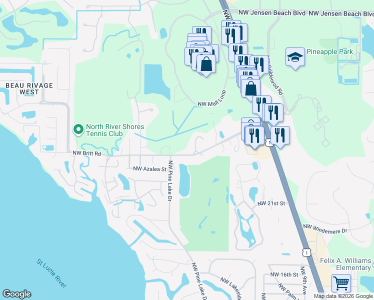 map of restaurants, bars, coffee shops, grocery stores, and more near 2448 Northwest Hummingbird Circle in Stuart