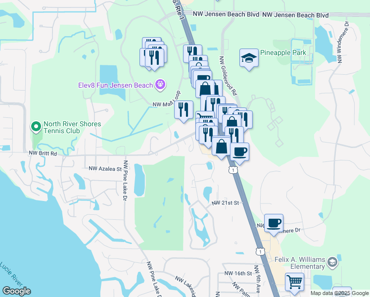 map of restaurants, bars, coffee shops, grocery stores, and more near 1460 Northwest Britt Road in Stuart