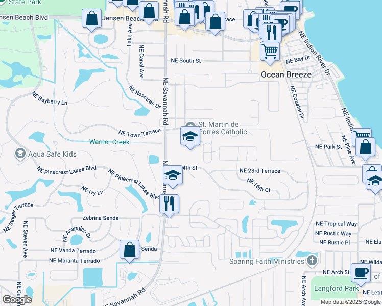 map of restaurants, bars, coffee shops, grocery stores, and more near 2525 Northeast Savannah Road in Jensen Beach
