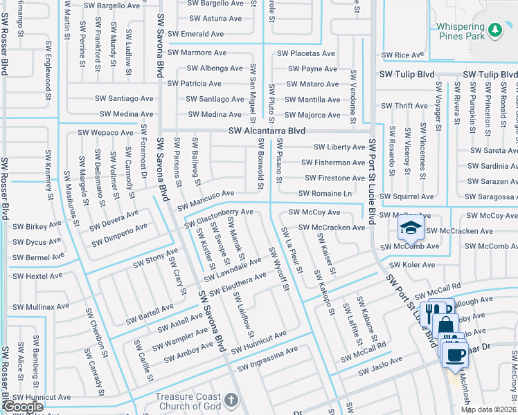 map of restaurants, bars, coffee shops, grocery stores, and more near 1101 Southwest Glastonberry Avenue in Port St. Lucie