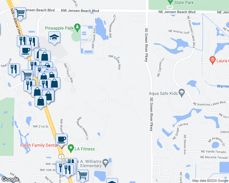 map of restaurants, bars, coffee shops, grocery stores, and more near 483 Northwest Fetterbush Way in Jensen Beach
