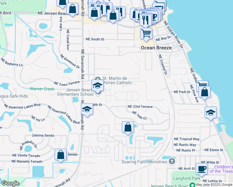 map of restaurants, bars, coffee shops, grocery stores, and more near 1542 Northeast 25th Terrace in Jensen Beach