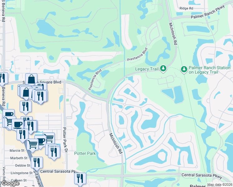 map of restaurants, bars, coffee shops, grocery stores, and more near 4596 Deer Trail Boulevard in Sarasota