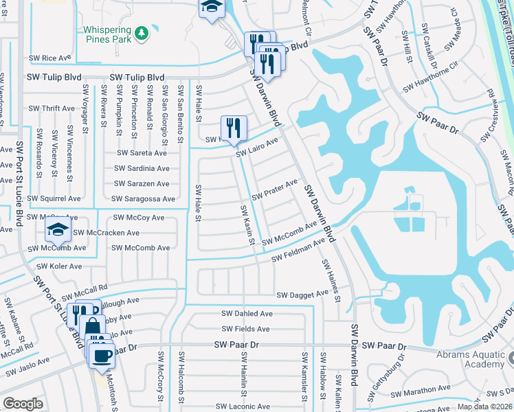 map of restaurants, bars, coffee shops, grocery stores, and more near 490 Southwest Prater Avenue in Port St. Lucie