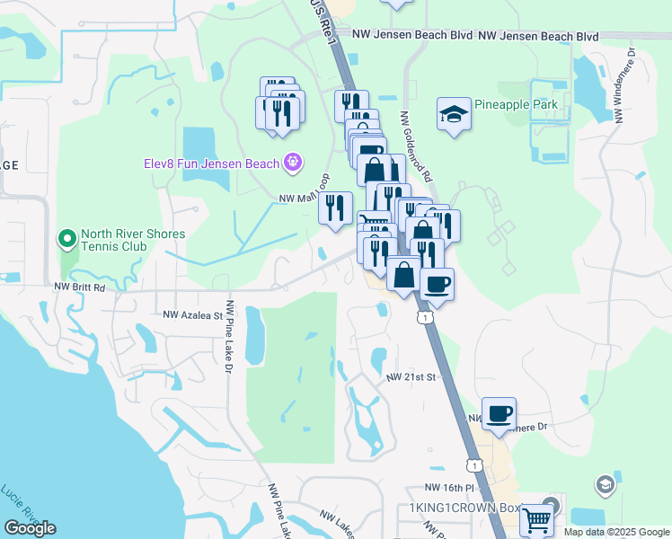 map of restaurants, bars, coffee shops, grocery stores, and more near 1460 Northwest Britt Road in Stuart