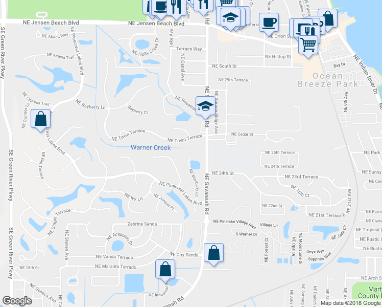 map of restaurants, bars, coffee shops, grocery stores, and more near 2403 Northeast Marlberry Lane in Jensen Beach