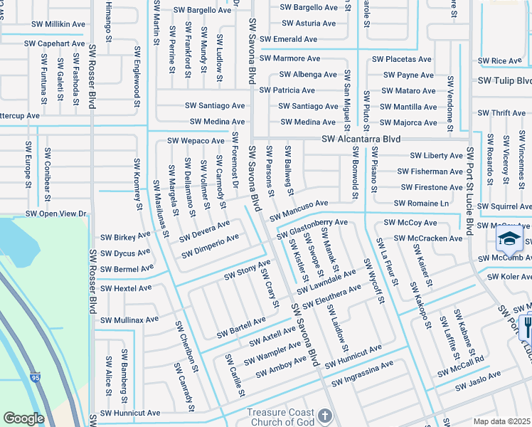map of restaurants, bars, coffee shops, grocery stores, and more near 3689 Southwest Savona Boulevard in Port St. Lucie