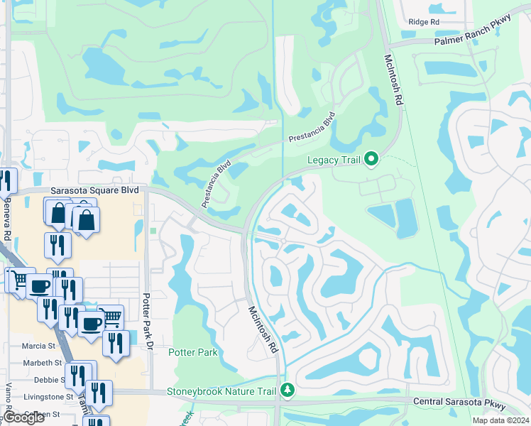 map of restaurants, bars, coffee shops, grocery stores, and more near 4596 Deer Trail Boulevard in Sarasota
