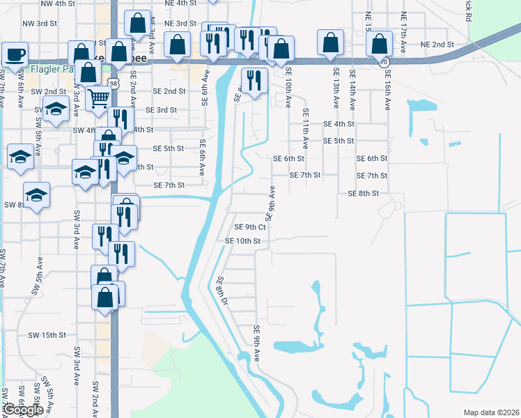 map of restaurants, bars, coffee shops, grocery stores, and more near 811 Southeast 9th Street in Okeechobee